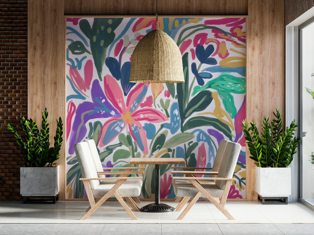 A beautiful vibrant floral wallpaper mural with bold, abstract flowers.