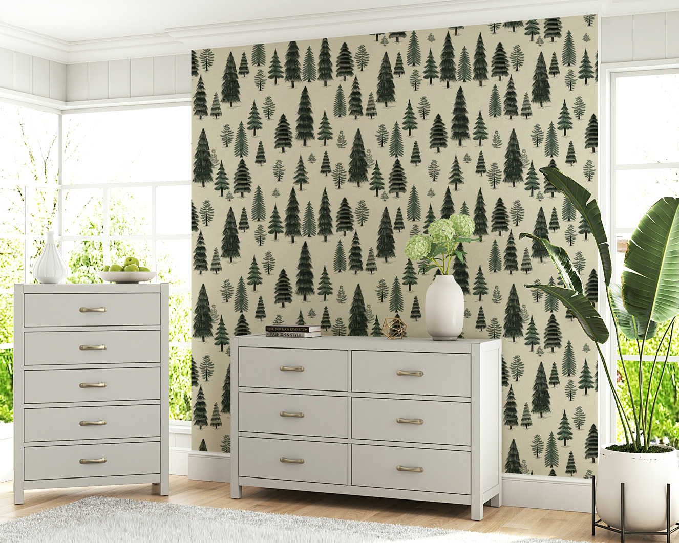 A beautiful pine tree dreamscape wallpaper mural with soft, misty light.