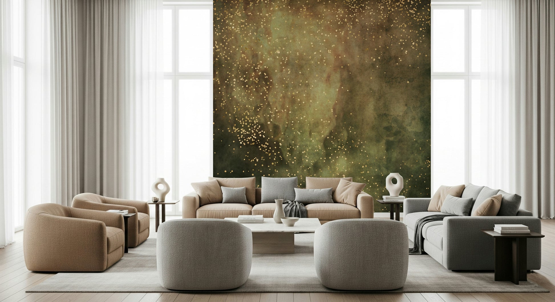 A calming abstract design wallpaper mural that defines a space.