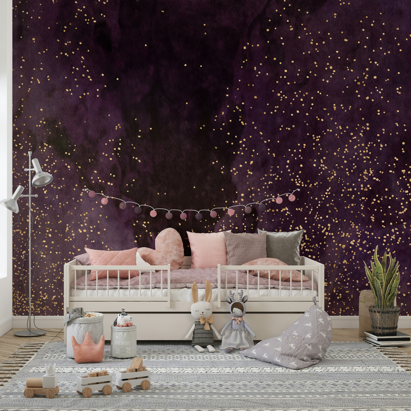 A beautiful abstract galaxy wallpaper mural with deep aubergine, purple, and cosmic tones.