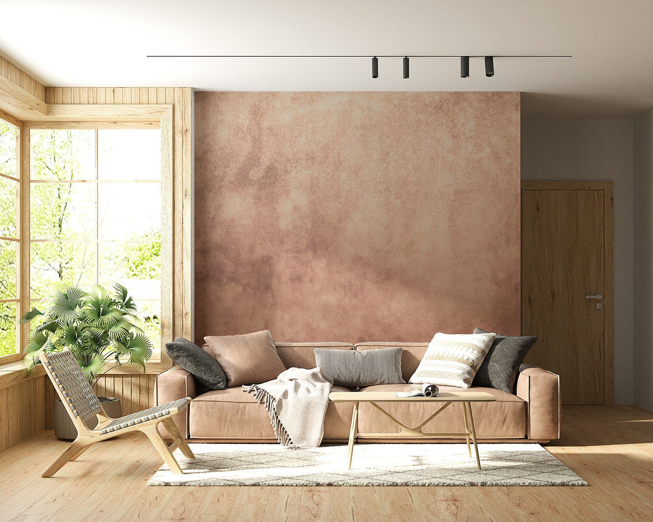 A beautiful subtle watercolour wallpaper mural in peach and warm earthy tones.