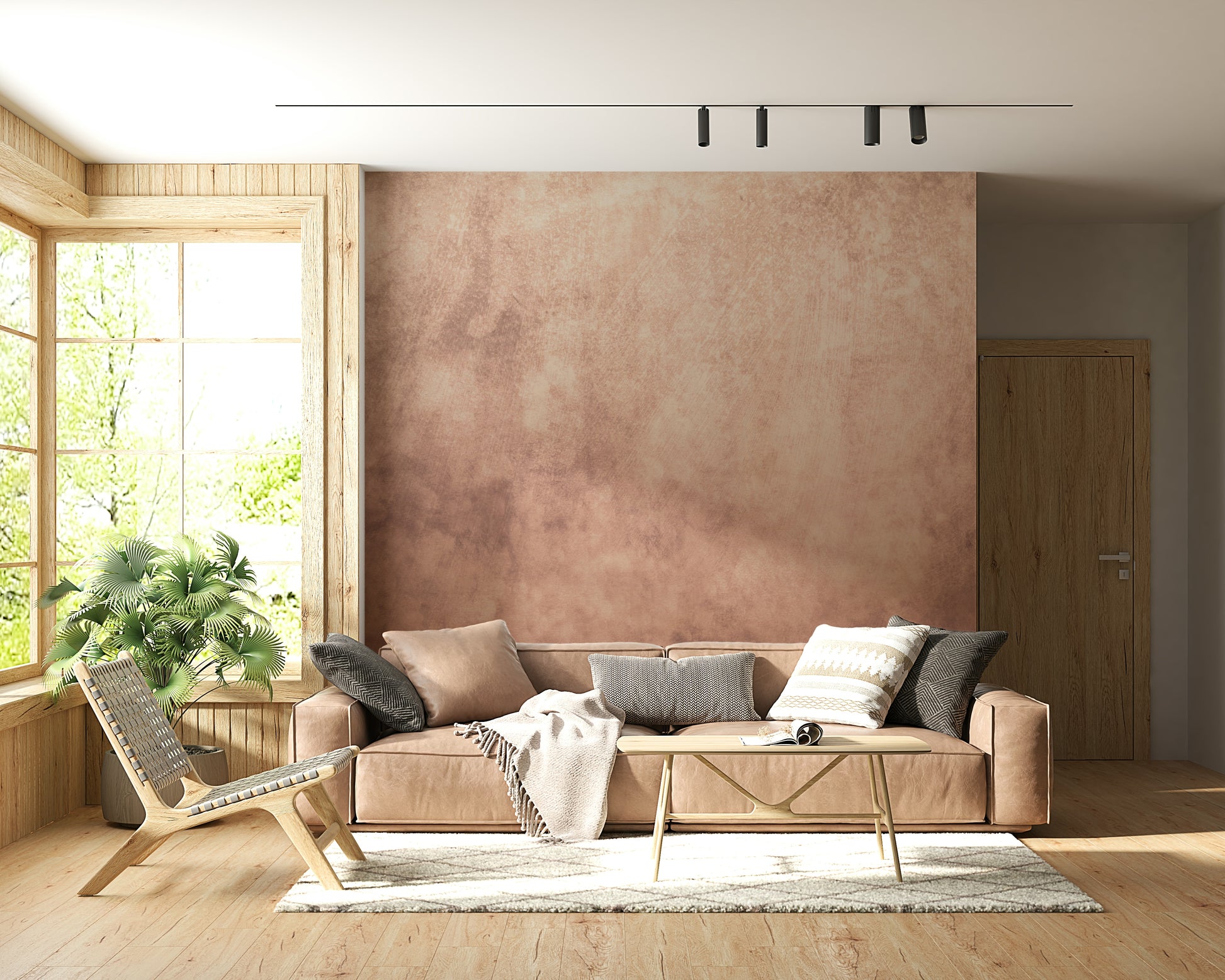 A beautiful subtle watercolour wallpaper mural in peach and warm earthy tones.
