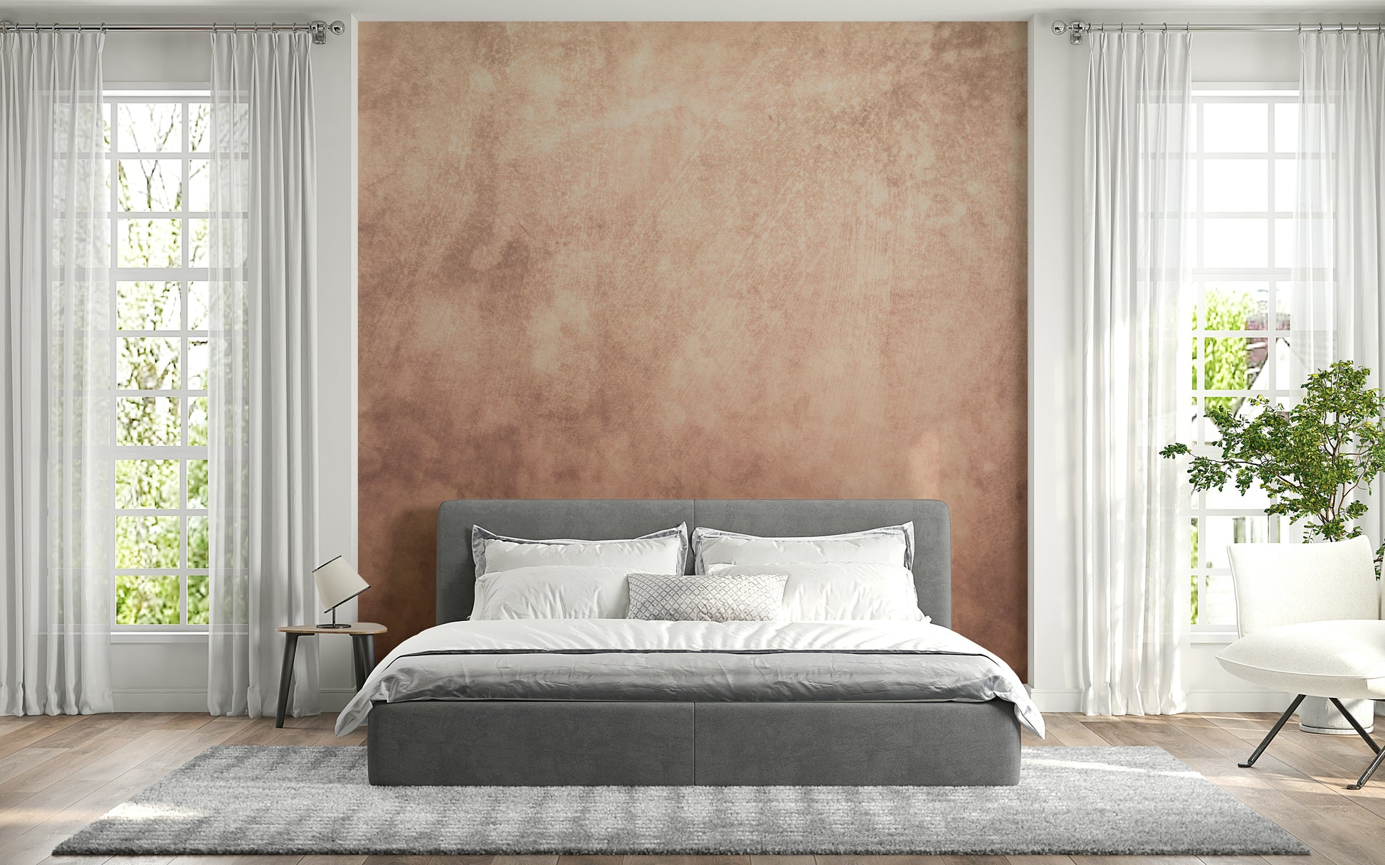A peaceful modern abstract mural on decorative wallpaper.