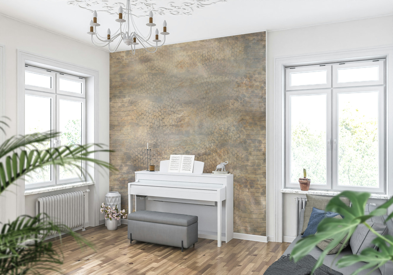 A beautiful subtle snakeskin wallpaper mural with shimmering gold accents.