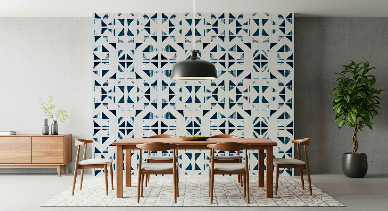 A beautiful geometric triangle wallpaper mural with a cool blue composition.