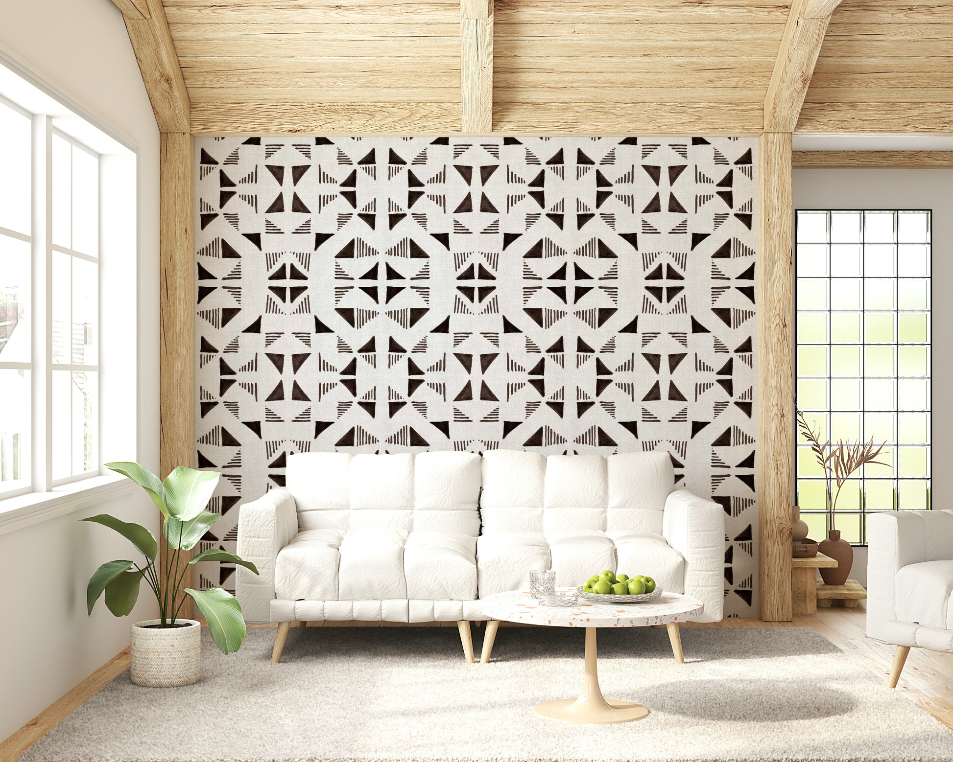 An artistic modern block mural on minimalist wallpaper.