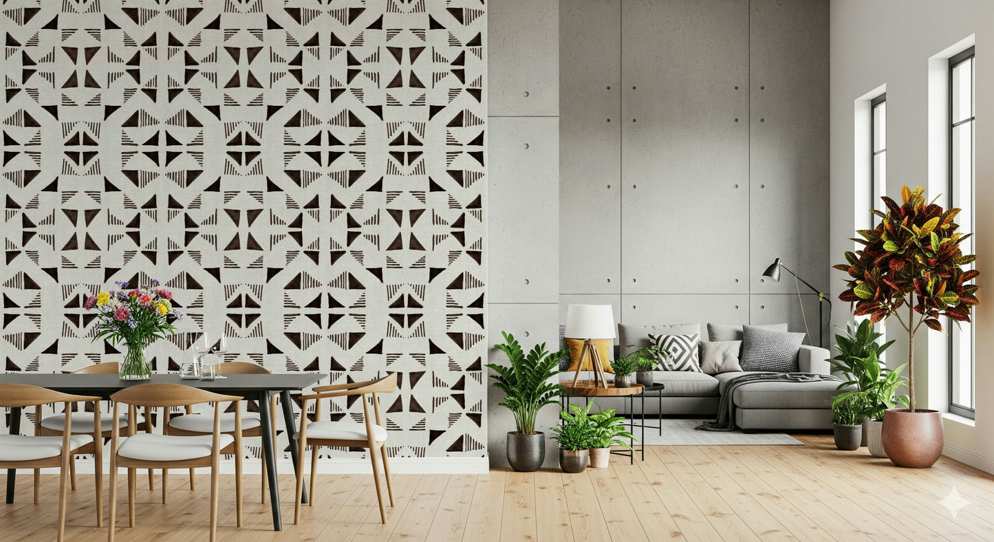A peaceful geometric design mural on decorative wallpaper.