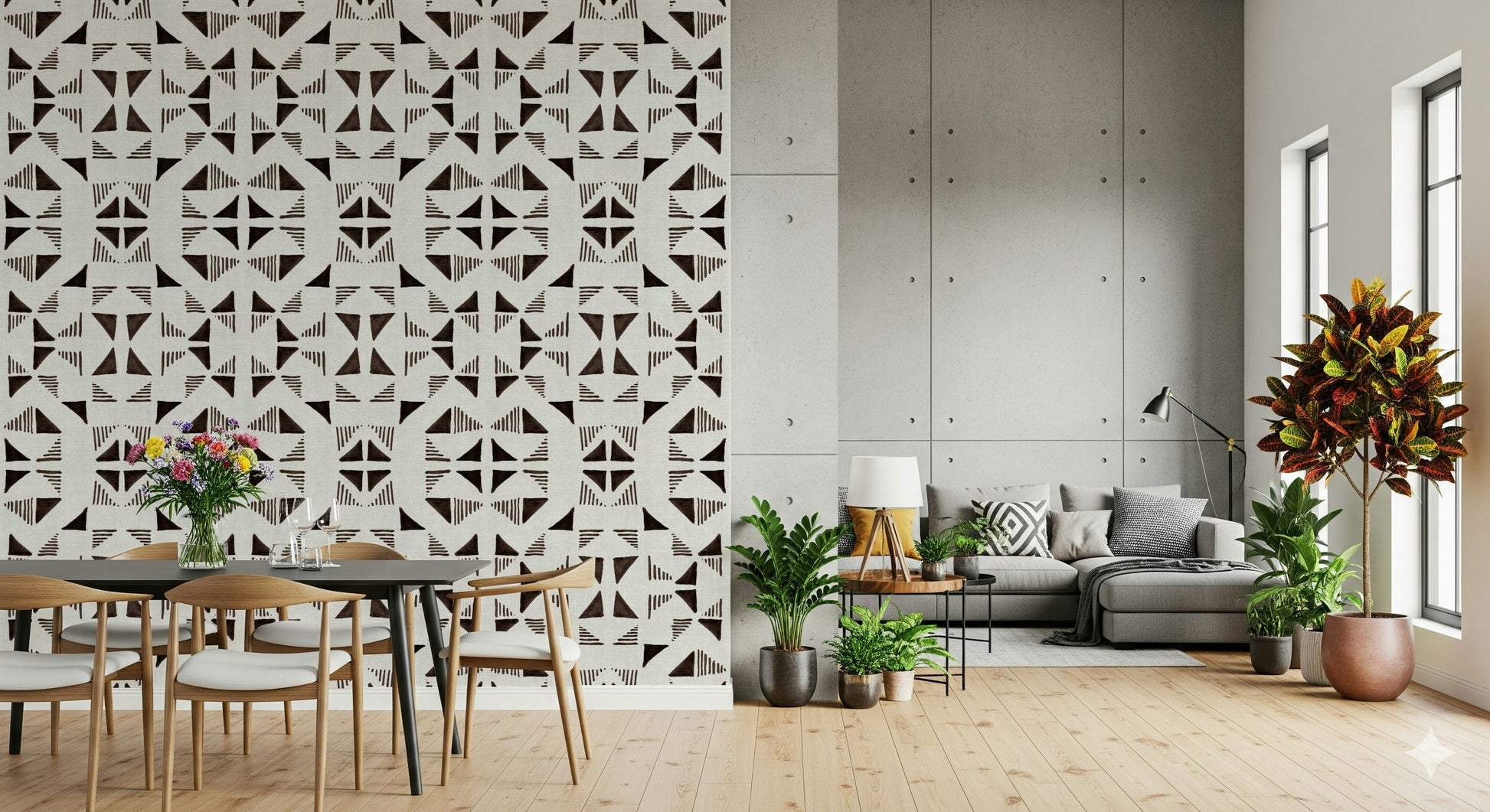 A peaceful geometric design mural on decorative wallpaper.