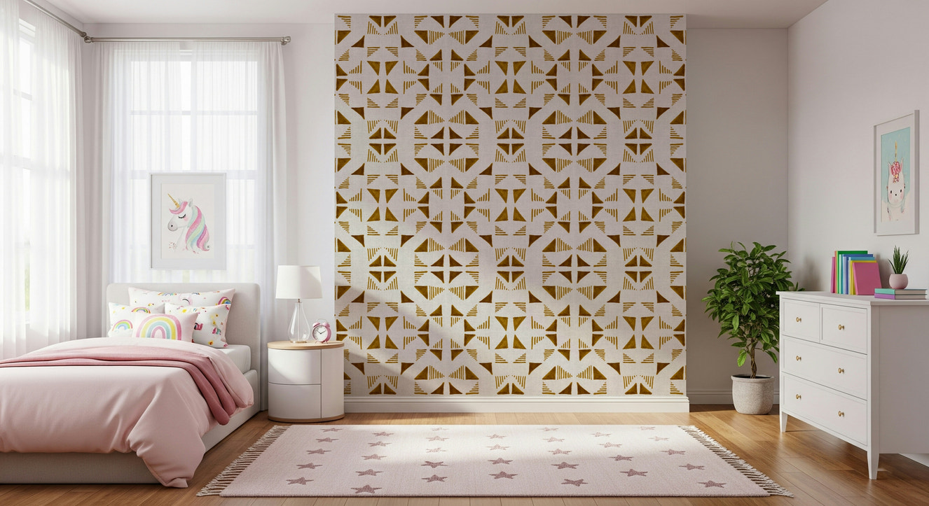 A beautiful geometric triangle wallpaper mural with subtle gold texture and metallic sheen.