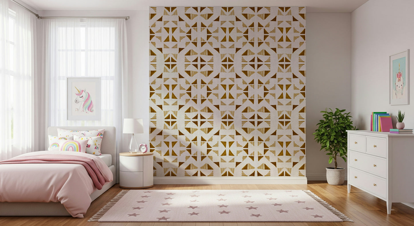 A beautiful geometric triangle wallpaper mural with subtle gold texture and metallic sheen.