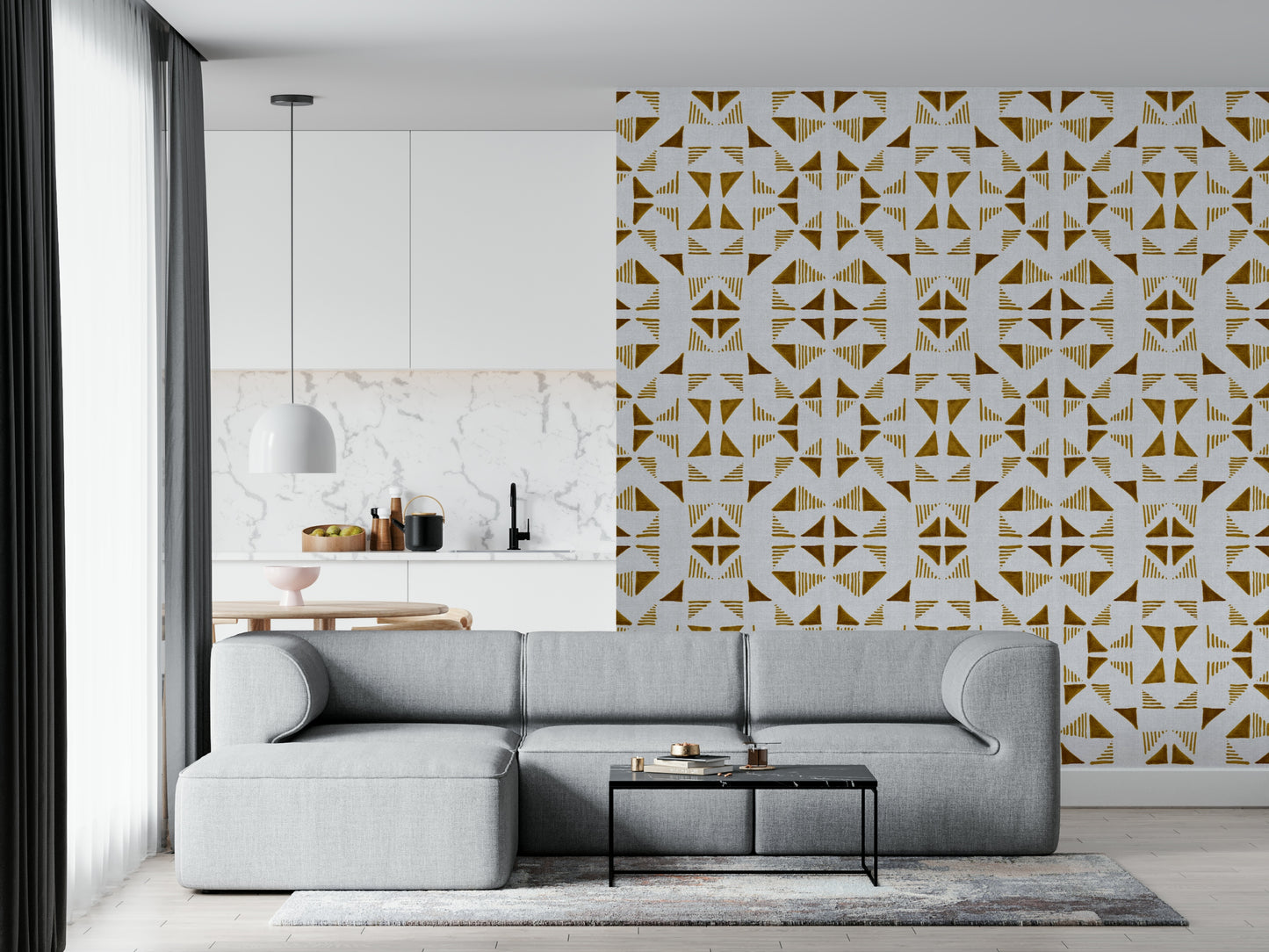 A peaceful geometric design mural on decorative wallpaper.