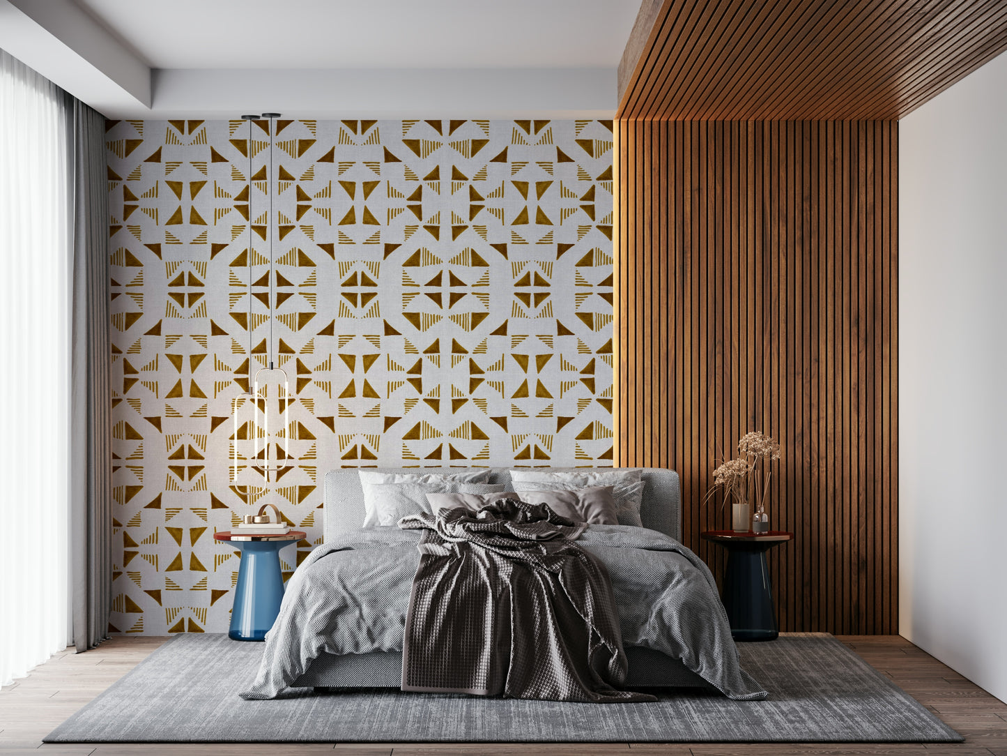 A contemplative geometric design wallpaper mural for a feature wall.