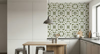 A graceful subtle pattern wall mural in cool, light green and olive tones.
