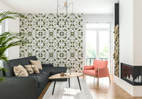 A peaceful geometric design mural on decorative wallpaper.