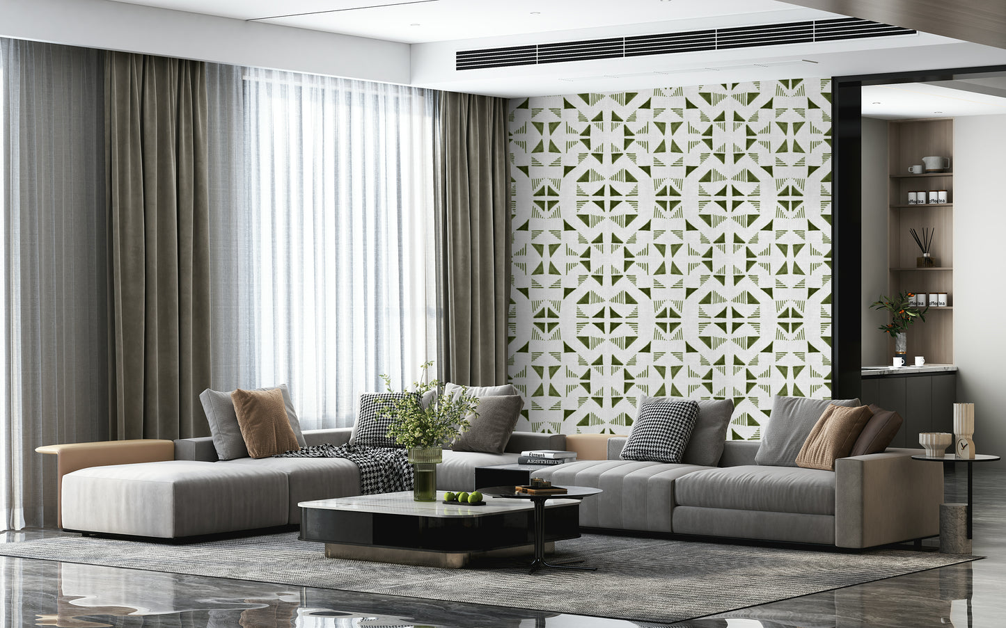 A calming modern pattern wallpaper mural that defines a space.