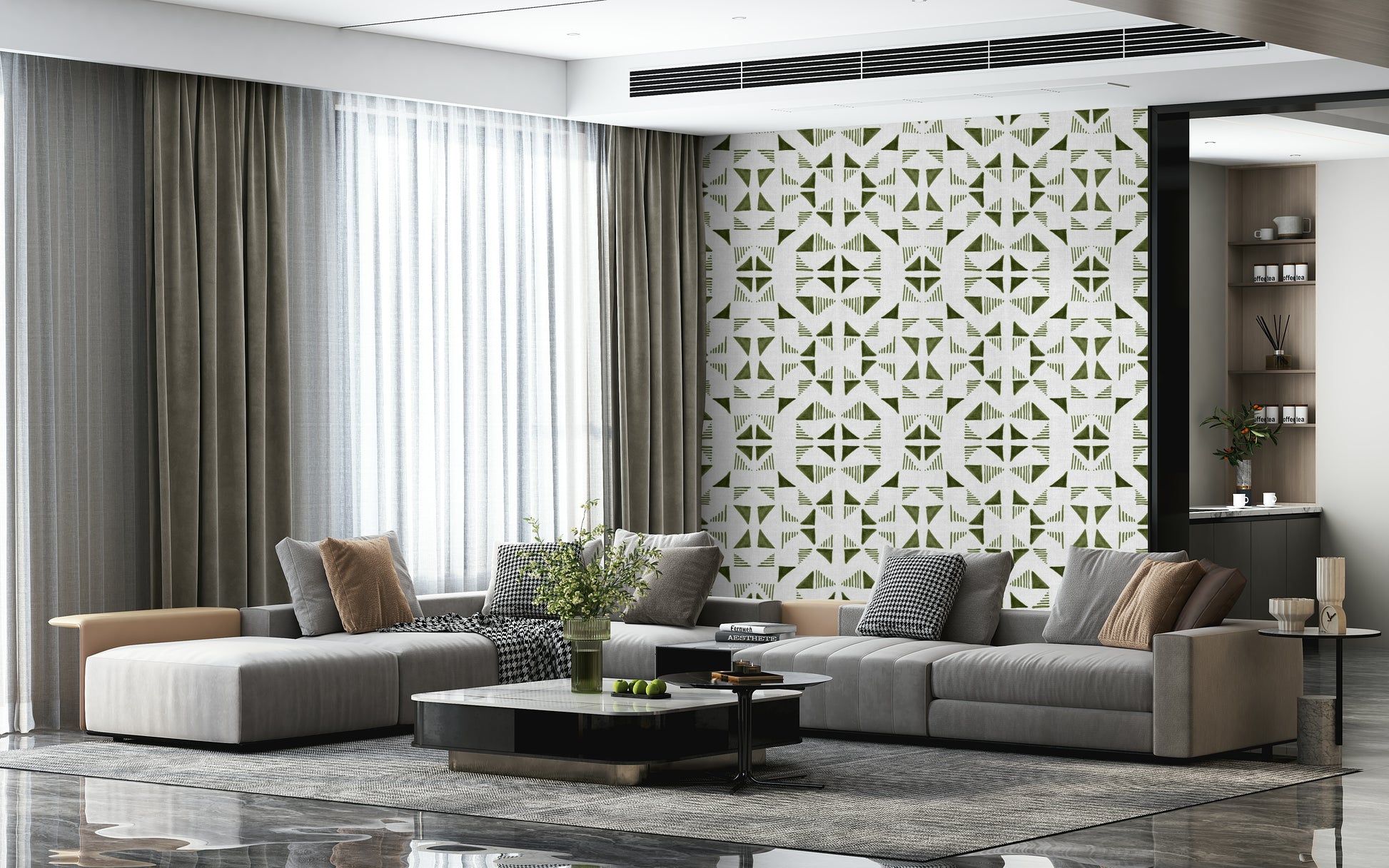 A calming modern pattern wallpaper mural that defines a space.