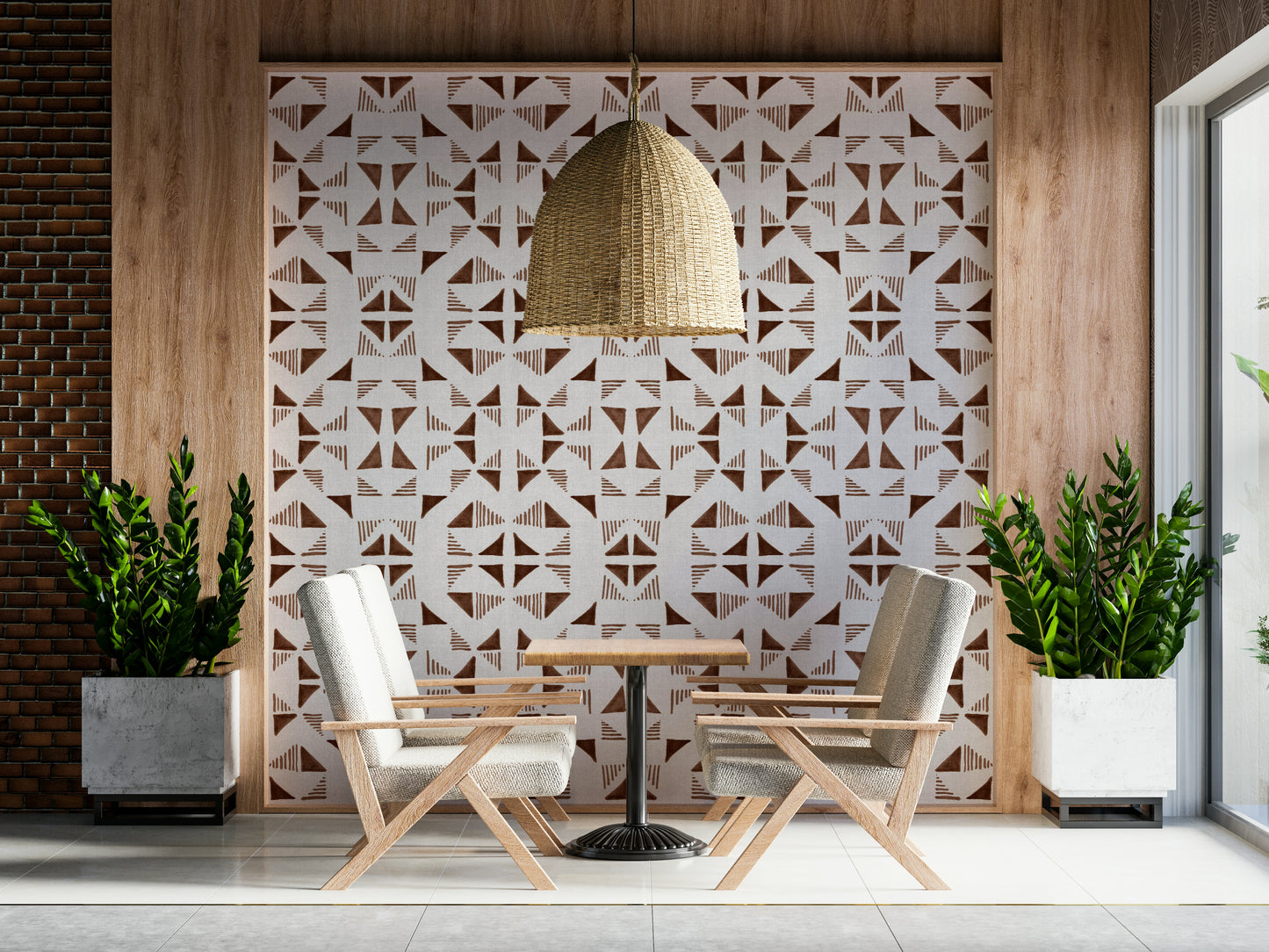 A beautiful geometric triangle wallpaper mural in warm mocha and neutral tones.