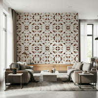 A peaceful geometric design mural on decorative wallpaper.