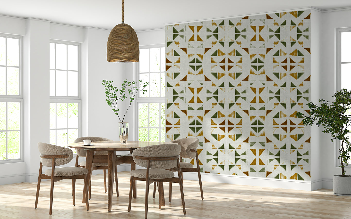 An artistic modern block mural on minimalist wallpaper.