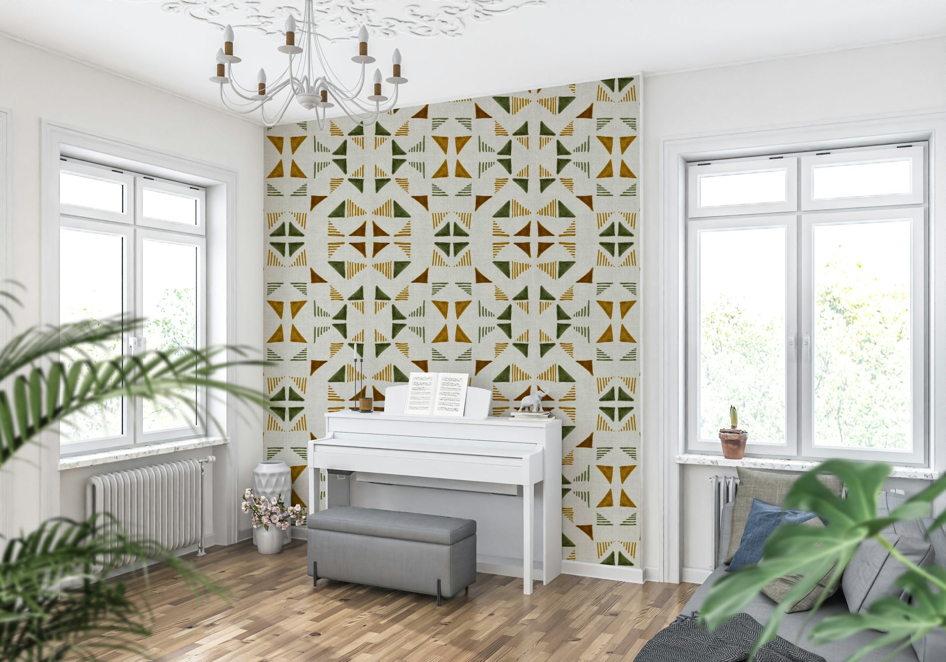 A beautiful geometric triangle wallpaper mural with subtle foliage texture and patterns.