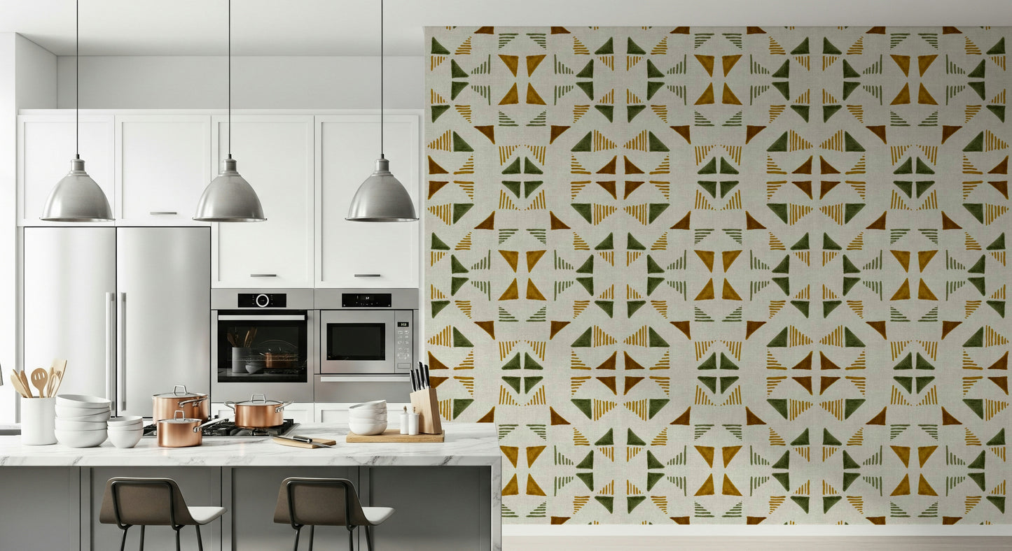 A peaceful geometric design mural on decorative wallpaper.