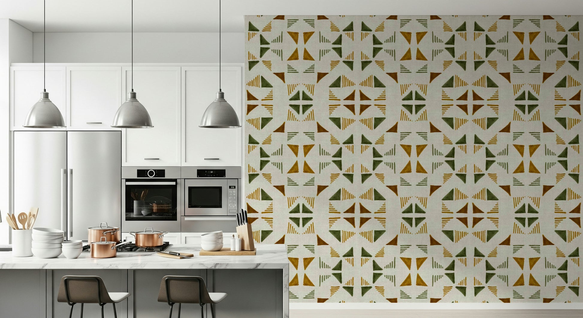 A peaceful geometric design mural on decorative wallpaper.
