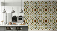 A peaceful geometric design mural on decorative wallpaper.