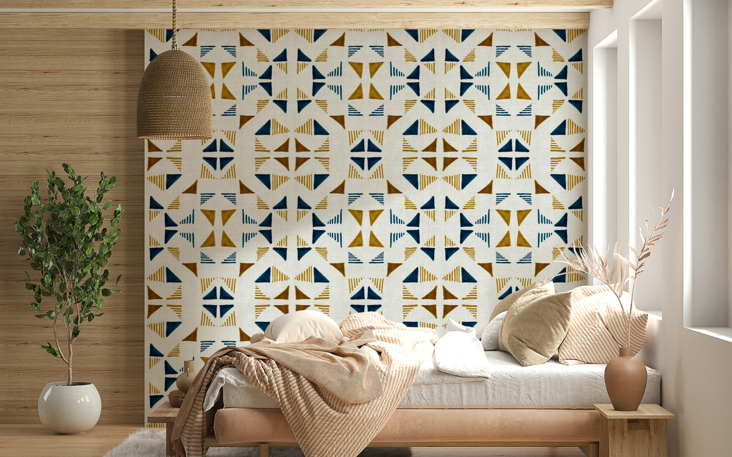 A contemplative geometric design wallpaper mural for a feature wall.
