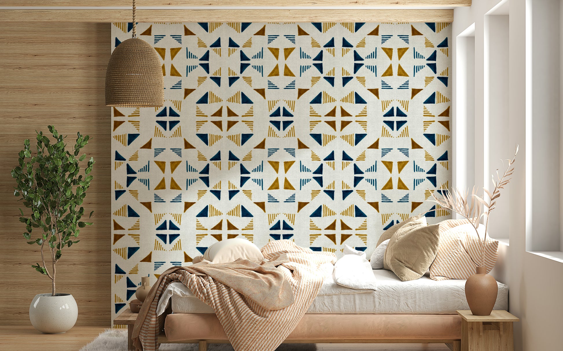 A contemplative geometric design wallpaper mural for a feature wall.