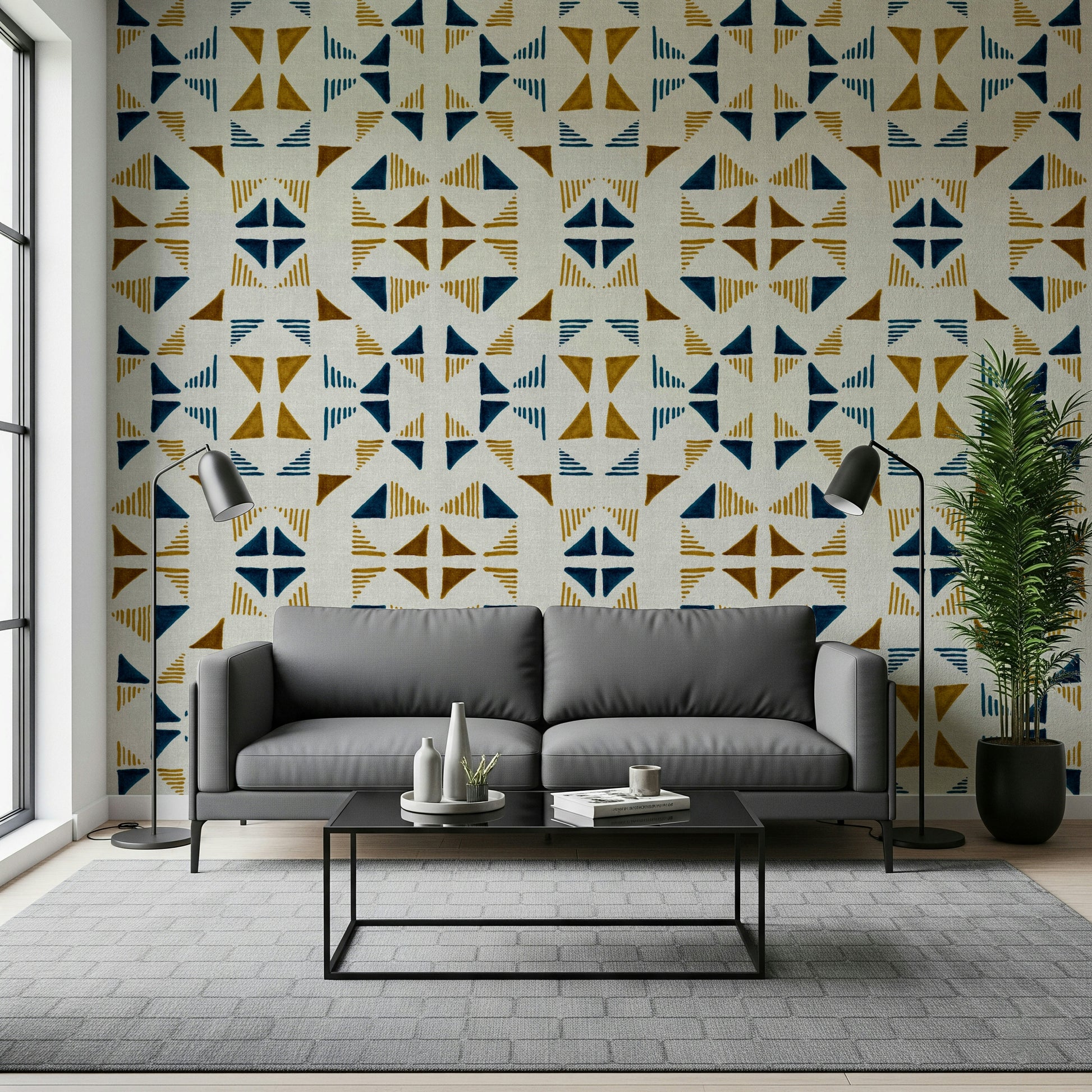 An artistic modern block mural on minimalist wallpaper.