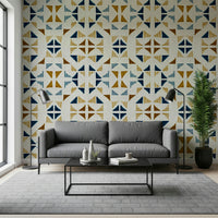 An artistic modern block mural on minimalist wallpaper.
