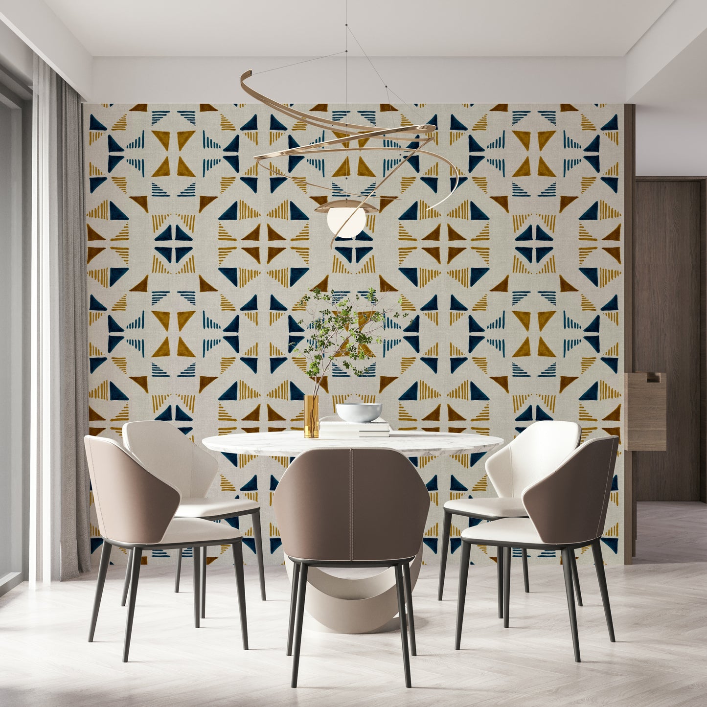 A peaceful geometric design mural on decorative wallpaper.