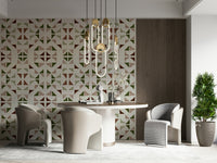 A peaceful geometric design mural on decorative wallpaper.