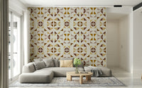 A peaceful geometric design mural on decorative wallpaper.