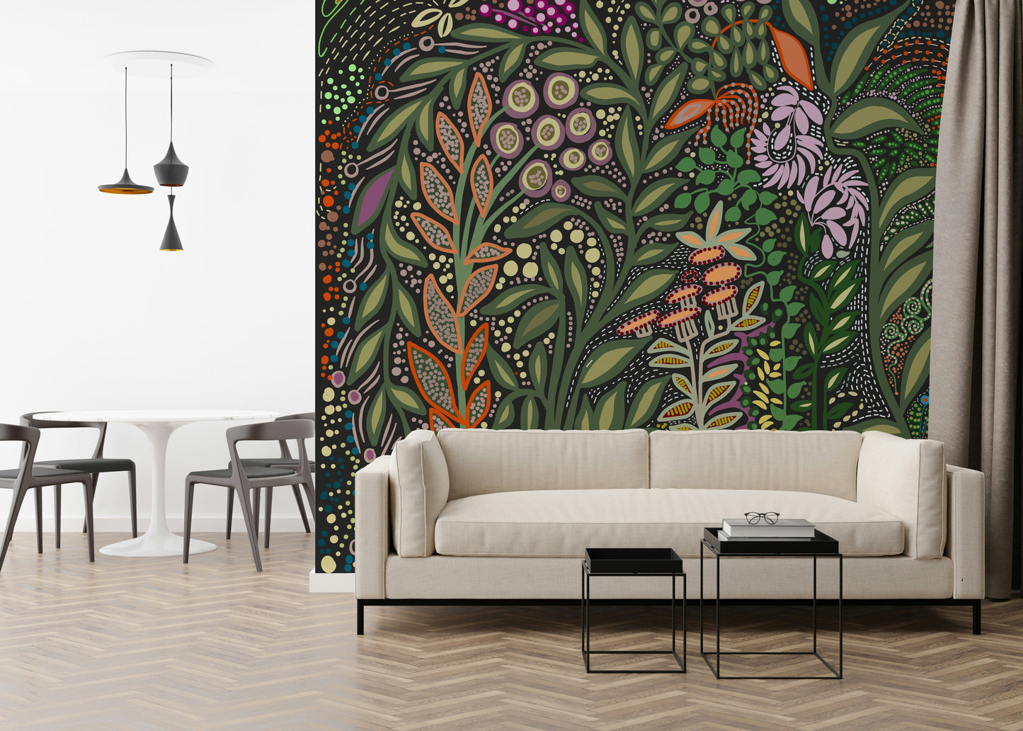 A beautiful modern art wall mural of delicate lines.