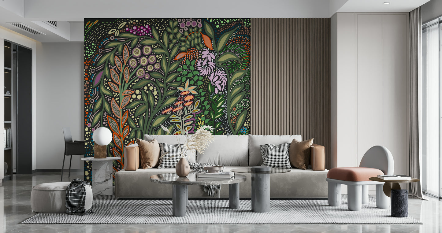A peaceful modern abstract mural on decorative wallpaper.