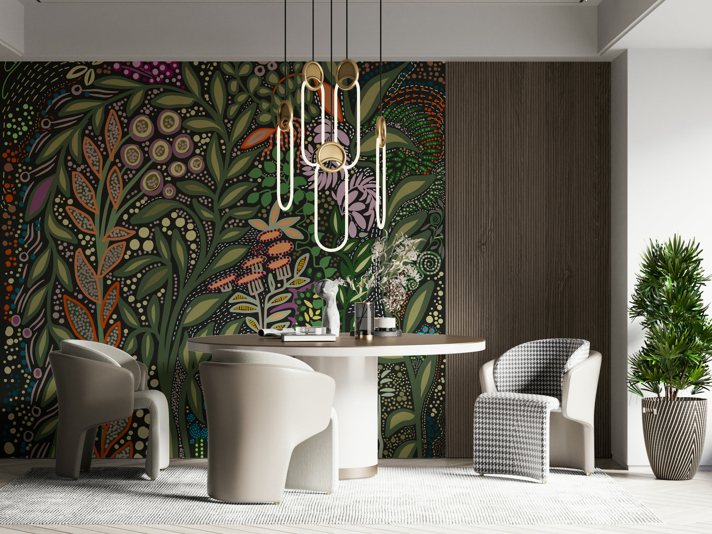 A graceful subtle pattern wall mural in rich, tropical tones.