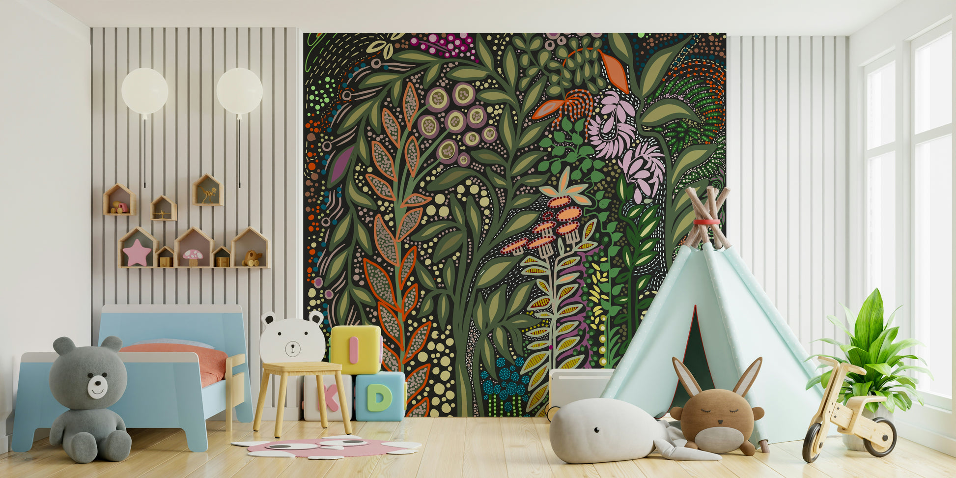A beautiful enchanted foliage wallpaper mural with vibrant Strelitzia flowers.