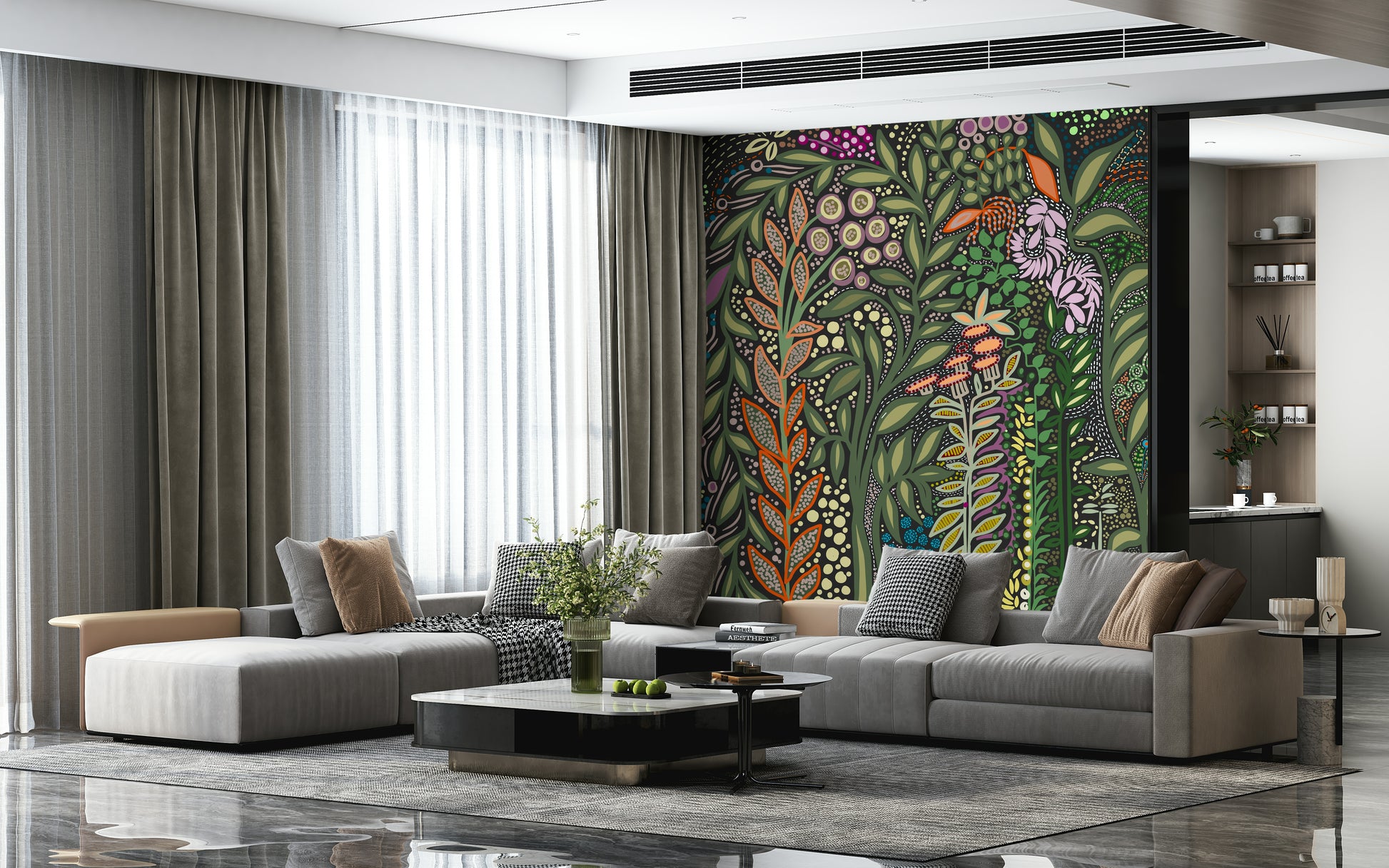 An artistic soft focus botanical mural on minimalist wallpaper.