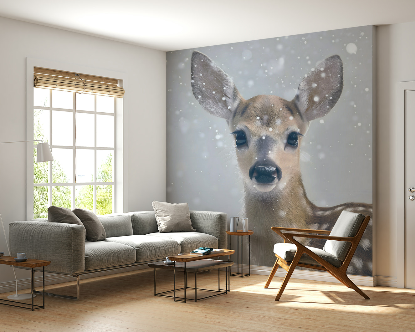 A beautiful subtle winter fawn wallpaper mural with graceful deer and snowy trees.