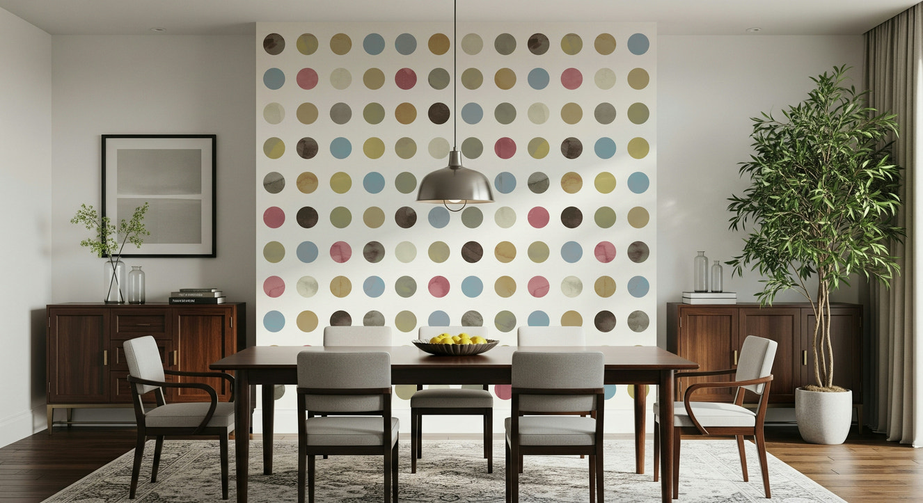 A beautiful whimsical winter pastel dot wallpaper mural with soft, scattered circles.