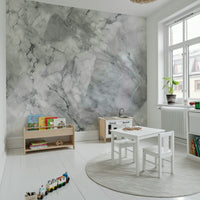 A beautiful subtle gray marble wallpaper mural with fluid, white and black veins.