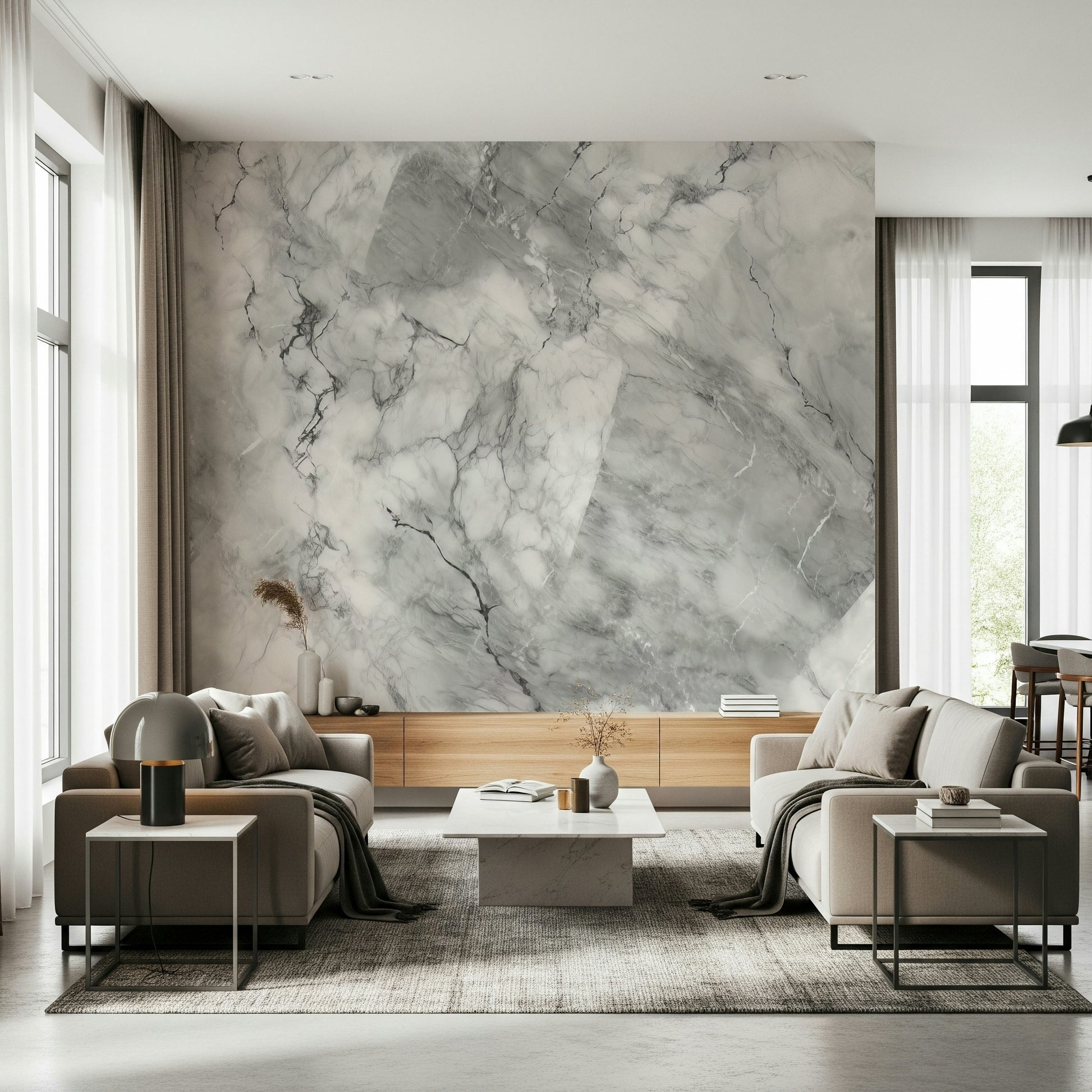 A peaceful modern abstract mural on decorative wallpaper.