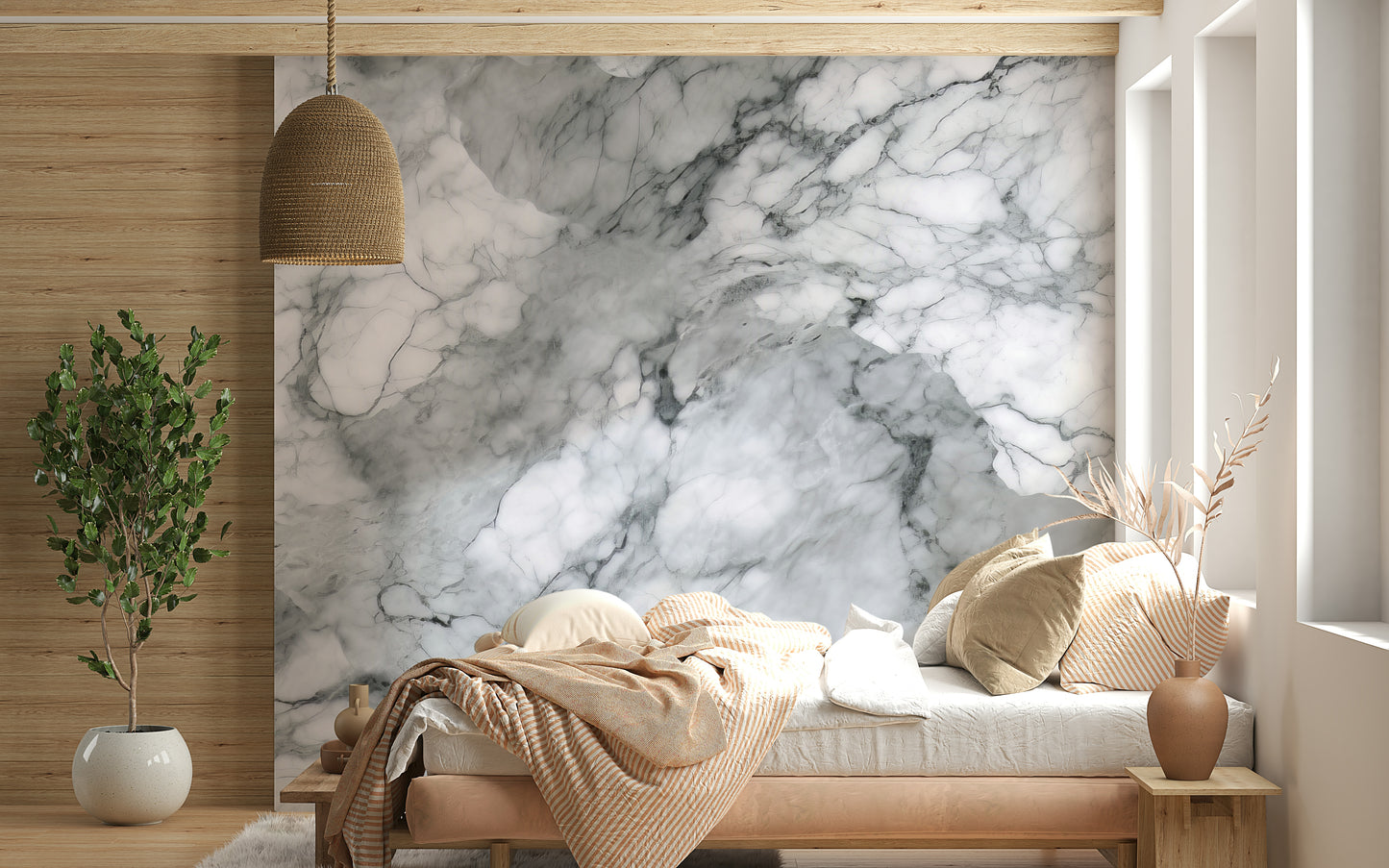 An artistic soft focus mural on minimalist wallpaper.