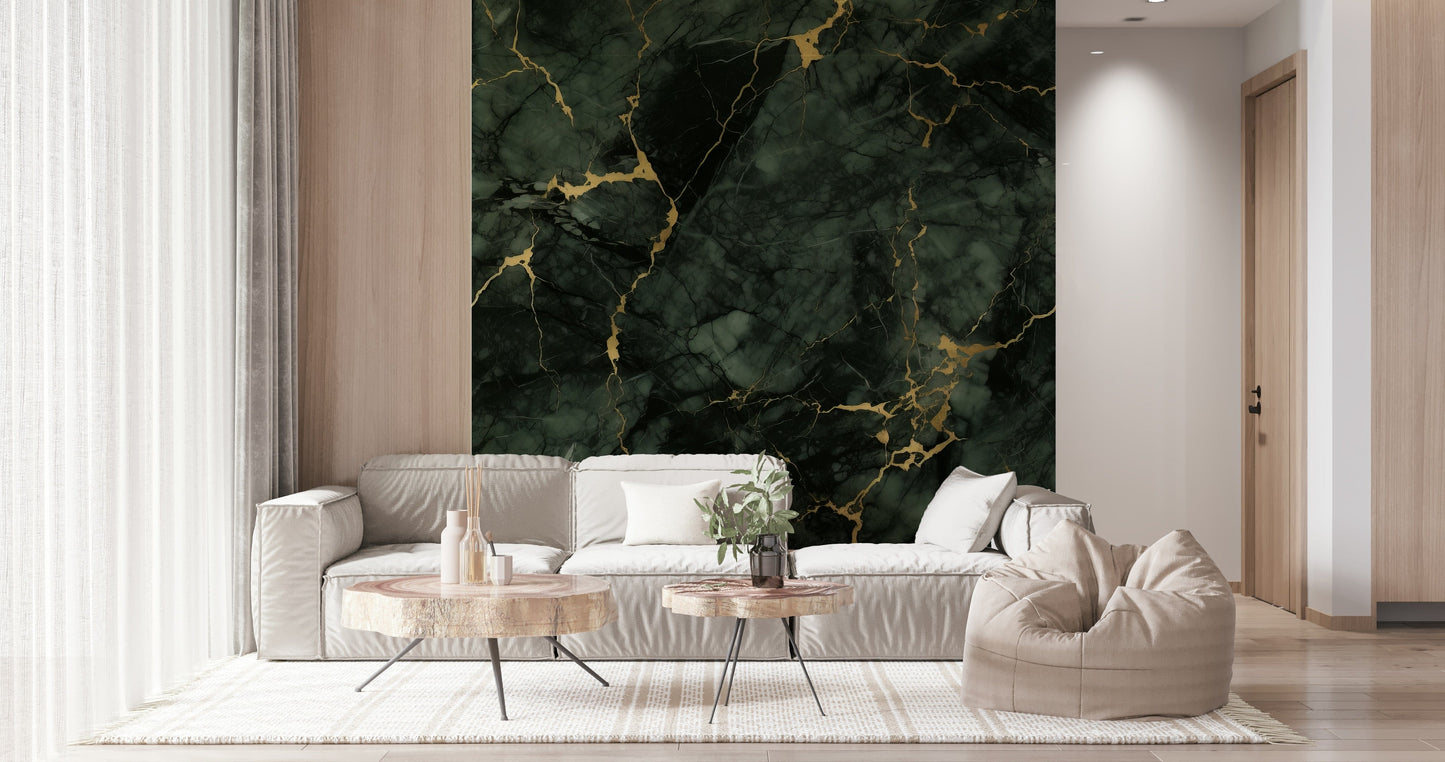 A graceful subtle pattern wall mural in cool, neutral tones with gold accents.