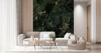 A graceful subtle pattern wall mural in cool, neutral tones with gold accents.