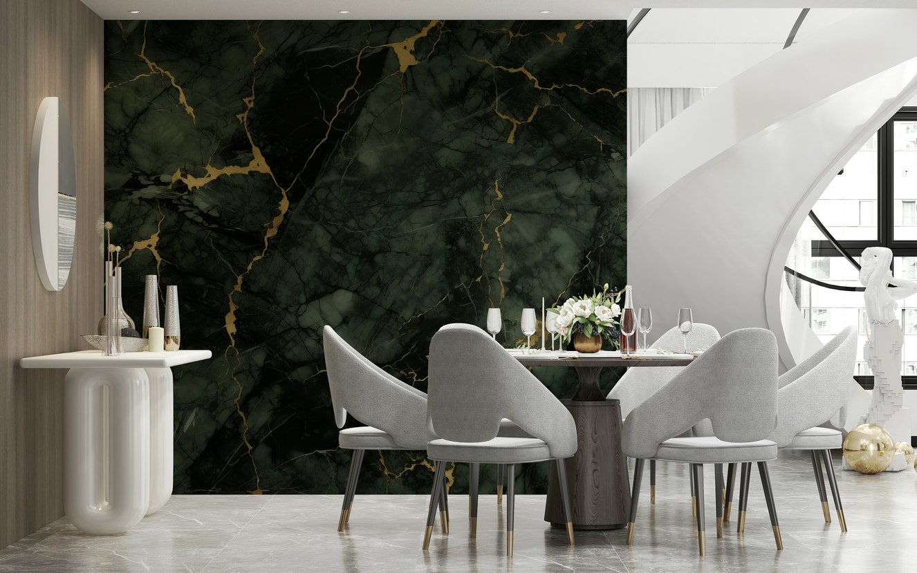 A beautiful subtle gilded stone wallpaper mural with gold veins and rock texture.