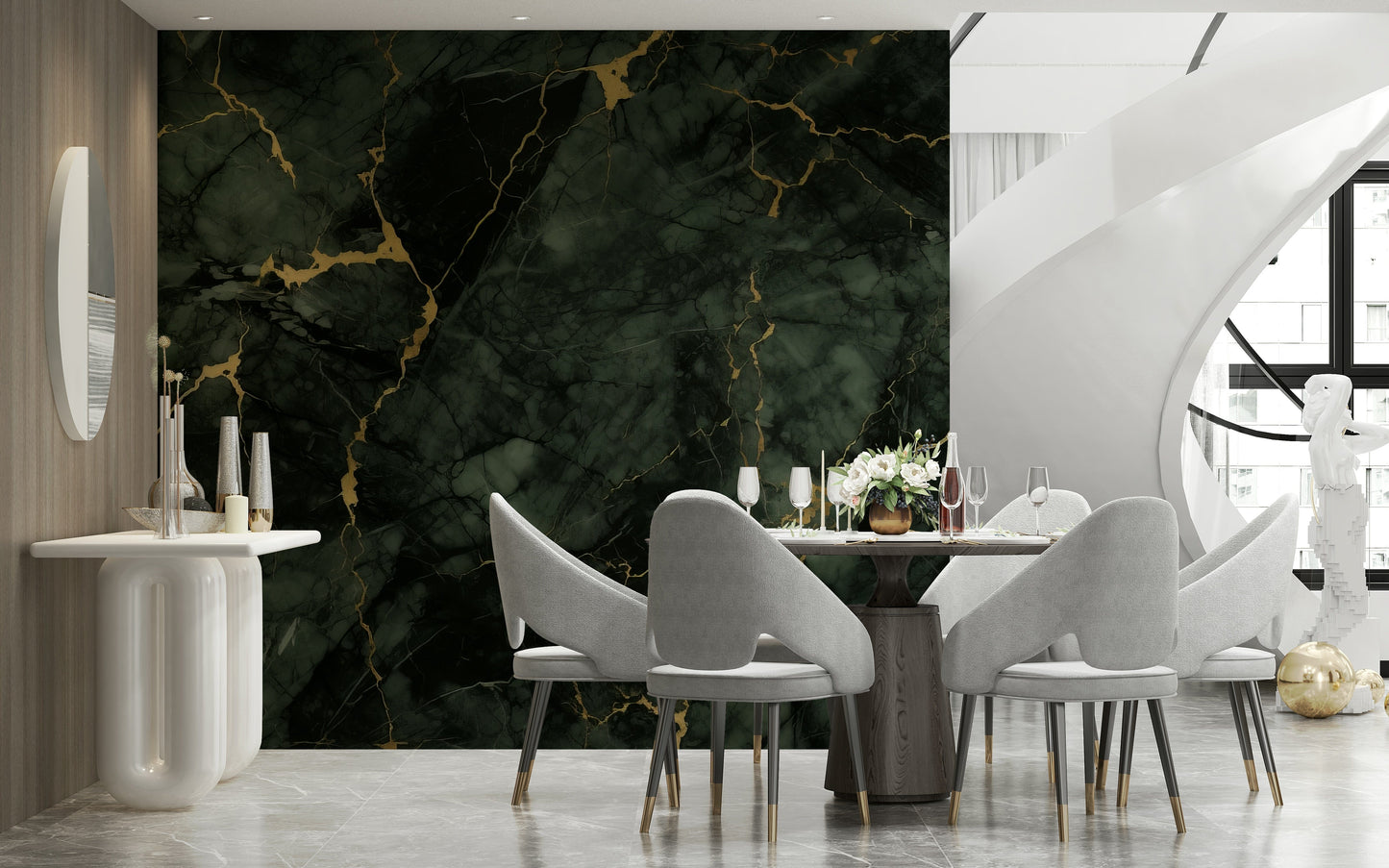 A beautiful subtle gilded stone wallpaper mural with gold veins and rock texture.