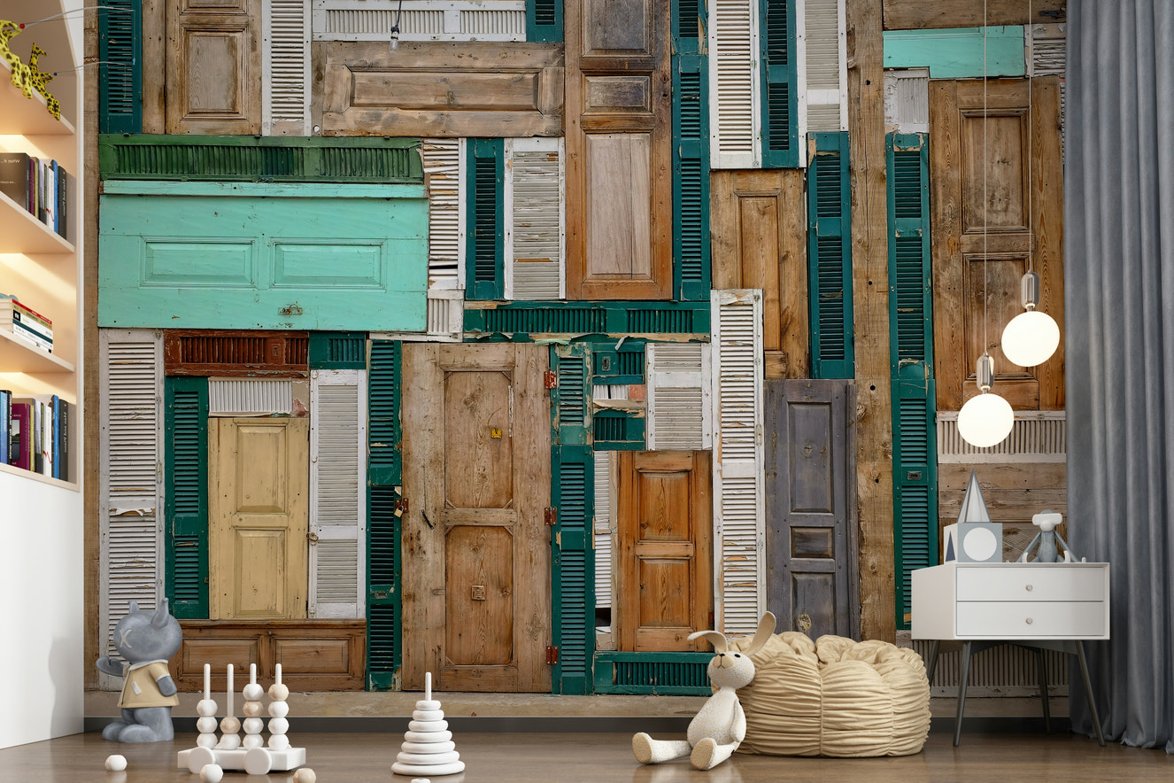 A beautiful abstract collage wallpaper mural featuring layered door and architectural fragments.