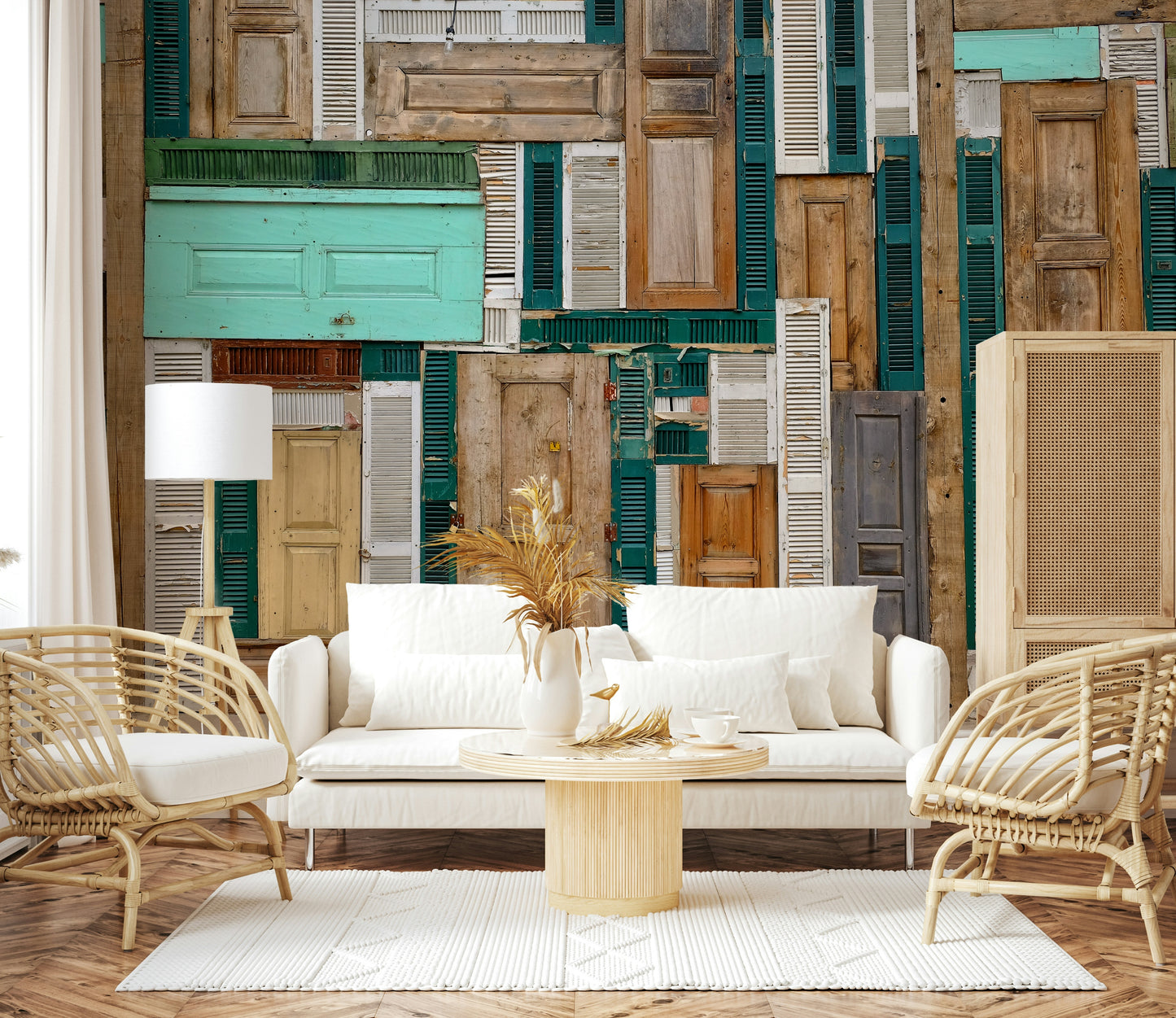 A peaceful modern abstract mural on decorative wallpaper.